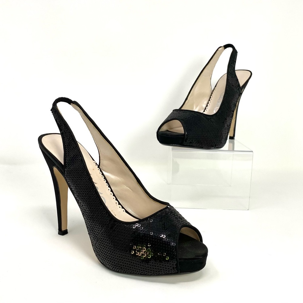 Caparros Black Sequin Peep Toe 3” heels Cocktail Wedding Elegant Size 7
